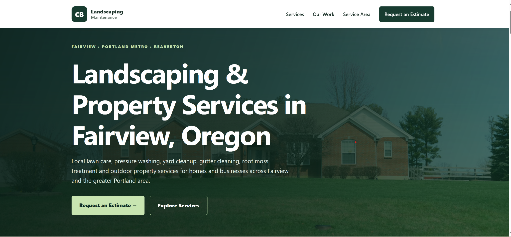 Screenshot of the CB Landscaping Maintenance homepage showing its landscaping services, navigation, and request an estimate button